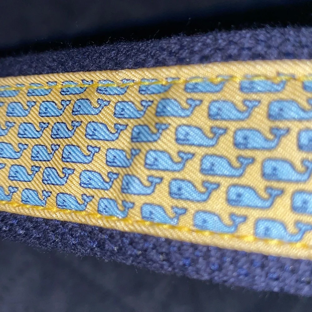 Vineyard Vines Brown Leather & Navy Woven Belt with Yellow Whale Pattern